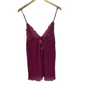 Victoria Secret Babydoll Top Burgundy Lace Beaded Size XL Coquette Pleated tie